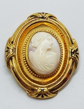 Gold Plated Ornate Oval Large Ornate Shell Cameo Brooch