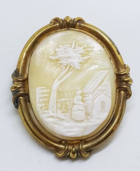 Gold Plated Ornate Oval Large Ornate Shell Scenery Cameo Brooch