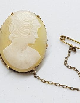 Gold Lined Ornate Oval Shell Lady Cameo Brooch