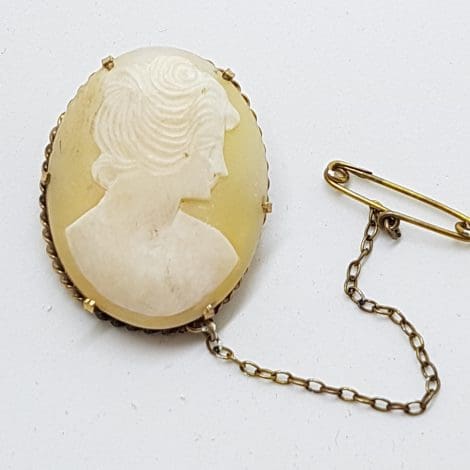 Gold Lined Ornate Oval Shell Lady Cameo Brooch