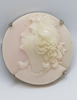 Gold Lined Round Pink Shell Lady Cameo Brooch