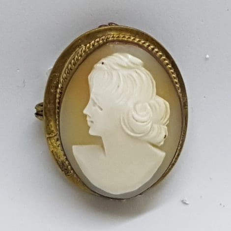 Gold Lined Oval Shell Lady Cameo Brooch