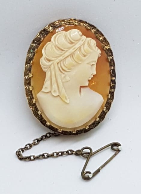 Gold Lined Oval Shell Lady Cameo Brooch - Ornate
