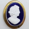 Gold Lined Oval Blue and White Lady Cameo Brooch