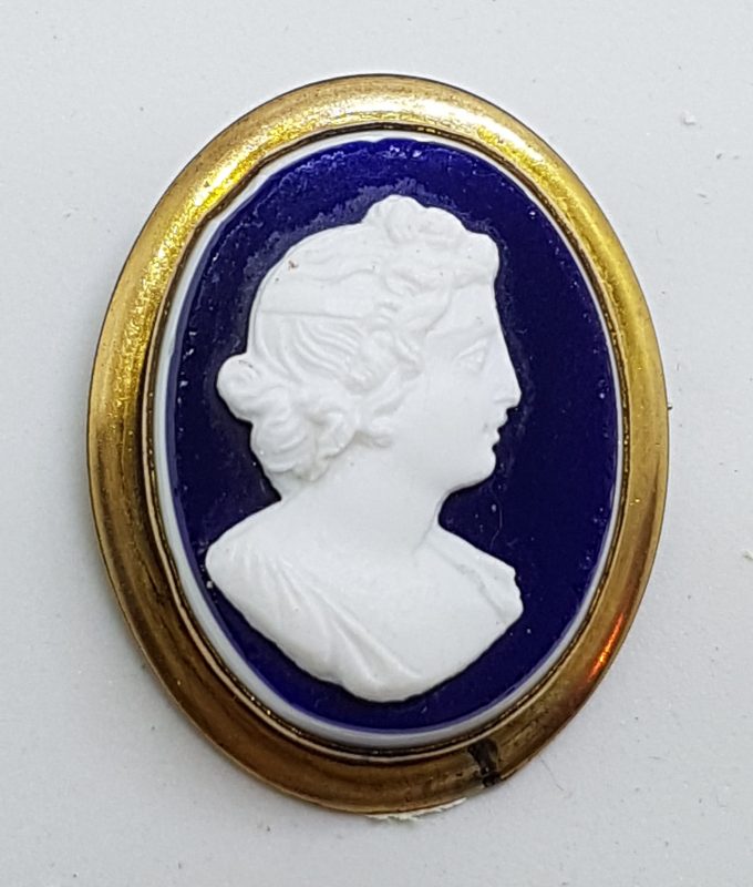 Gold Lined Oval Blue and White Lady Cameo Brooch