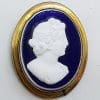 Gold Lined Oval Blue and White Lady Cameo Brooch