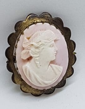 Gold Lined Oval Pink Shell Lady Cameo Brooch - Ornate