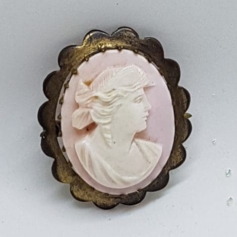 Gold Lined Oval Pink Shell Lady Cameo Brooch - Ornate