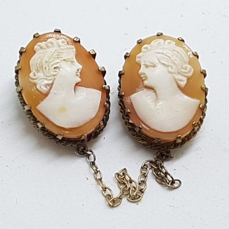 Gold Lined Double Oval Shell Lady Cameo Brooch - Ornate