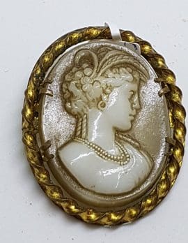 Gold Plated Large Oval Brown Lady Cameo Brooch - Ornate