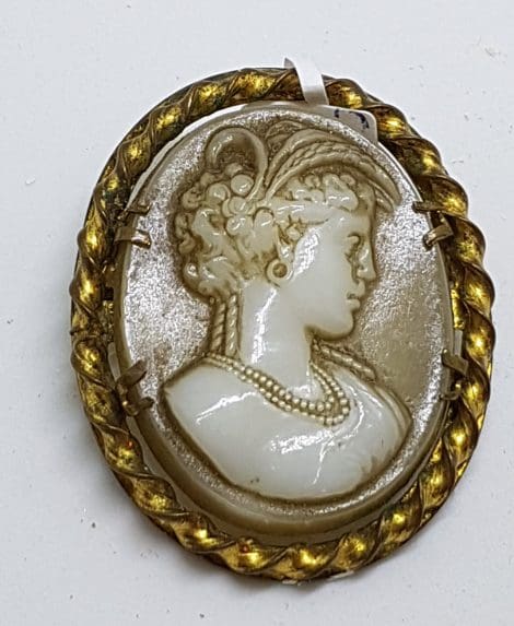 Gold Plated Large Oval Brown Lady Cameo Brooch - Ornate