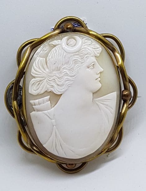 Gold Lined Ornate Oval Large Ornate Shell Lady Cameo Brooch