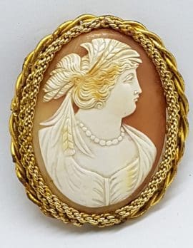 Gold Lined Ornate Oval Large Ornate Shell Lady Cameo Brooch