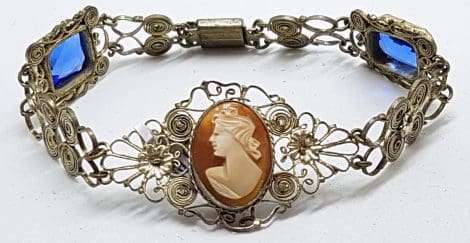 Silver Plated Filigree Costume Cameo with Blue Stone Bracelet