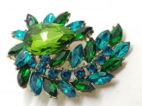 Gold Plated Very Large Blue and Green Cluster Brooch