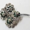 Silver Plated Large Clear & Green Rhinestone Cluster Brooch