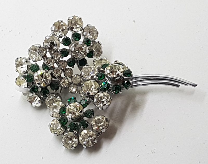 Silver Plated Large Clear & Green Rhinestone Cluster Brooch
