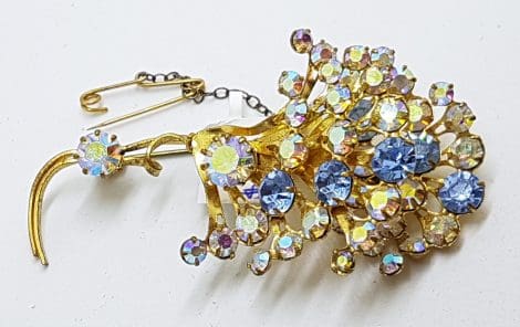 Gold Plated Large Blue and Aurora Borealis Cluster Brooch
