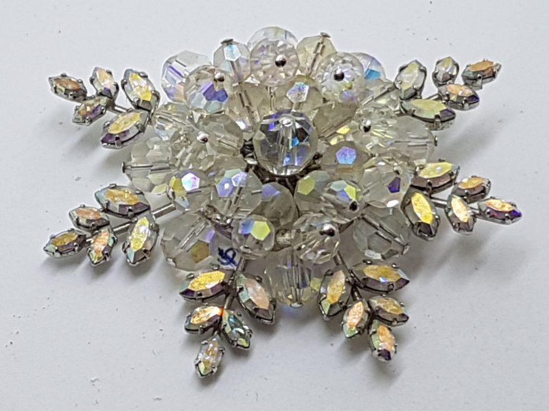 Silver Plated Large Crystal and Aurora Borealis Rhinestone Cluster Brooch
