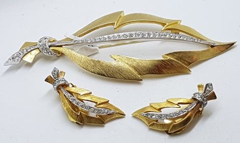Gold Plated Large Clear Rhinestone Leaf Brooch and Clip-on Earring Set