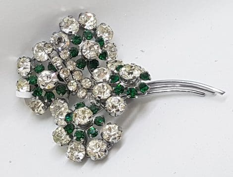 Silver Plated Large Clear & Green Rhinestone Cluster Brooch