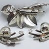 Silver Plated Large Clear Rhinestone Unusual Brooch and Clip-on Earring Set