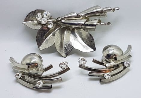 Silver Plated Large Clear Rhinestone Unusual Brooch and Clip-on Earring Set