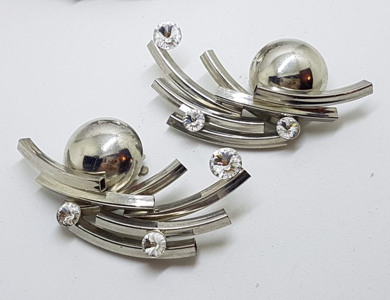 Silver Plated Large Clear Rhinestone Unusual Brooch and Clip-on Earring Set