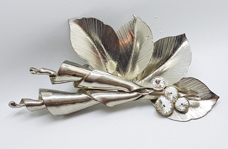 Silver Plated Large Clear Rhinestone Unusual Brooch and Clip-on Earring Set