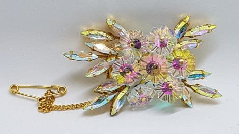 Gold Plated Large Crystal and Aurora Borealis Rhinestone Cluster Brooch