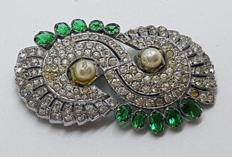 Silver Plated Large Clear & Green Rhinestone with Faux Pearl Oval Cluster Brooch