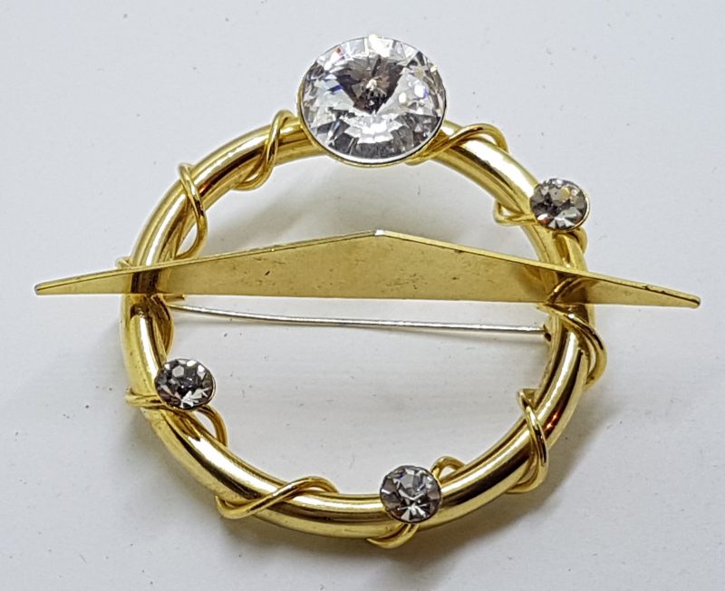Gold Plated Large Clear Rhinestone Round Brooch
