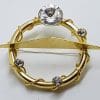 Gold Plated Large Clear Rhinestone Round Brooch