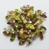 Gold Plated Jewelcrest Clear, Green & Brown Rhinestone Cluster Brooch and Screw-On Earrings Set