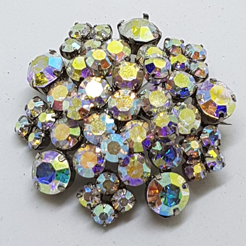 Silver Plated Large Round Aurora Borealis Rhinestone Cluster Brooch