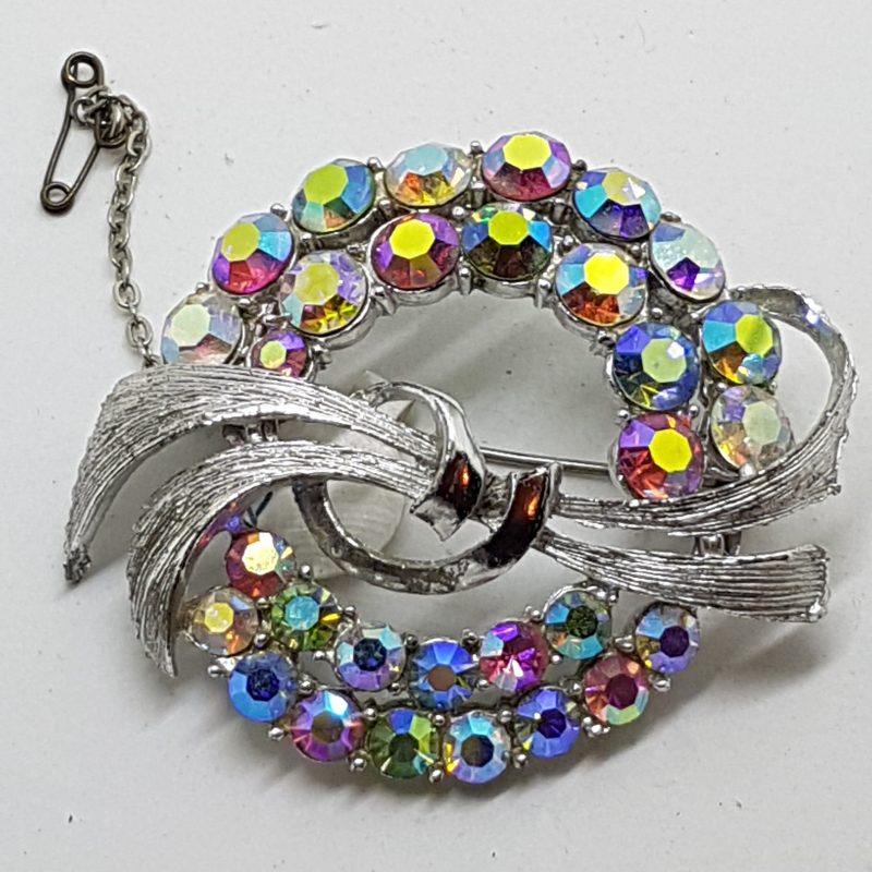 20200420_181652 Silver Plated Large Round Aurora Borealis Rhinestone Cluster Brooch