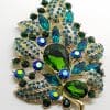 Gold Plated Very Large Blue and Green Leaf Cluster Brooch