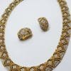 Gold Plated Clear Rhinestone Vintage Necklace and Clip-on Earring Set
