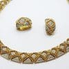 Gold Plated Clear Rhinestone Vintage Necklace and Clip-on Earring Set