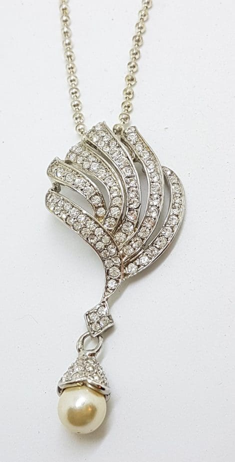 Silver Plated Swarovski Crystal Ornate Pendant on Chain with Faux Pearl Drop