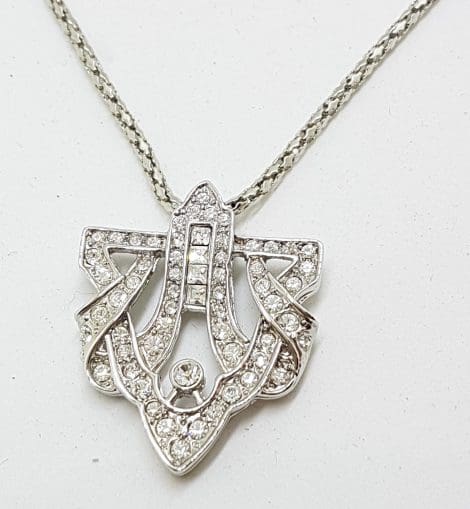 Silver Plated Swarovski Crystal Ornate Pendant on Chain - Art Deco Style