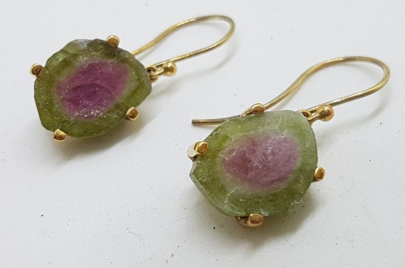9ct Yellow Gold Watermelon Tourmaline Drop Earrings
