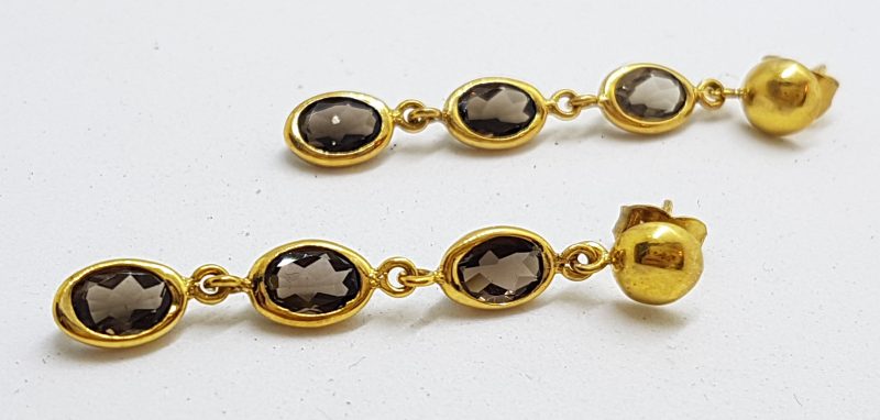 9ct Yellow Gold Smokey Quartz Long Drop Earrings