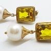 9ct Yellow Gold Rectanglular Citrine & Pearl Drop Earrings - Handmade