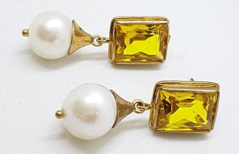 9ct Yellow Gold Rectanglular Citrine & Pearl Drop Earrings - Handmade