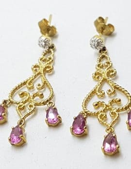 9ct Yellow Gold Ornate Pink Tourmaline & Diamond Long Drop Earrings