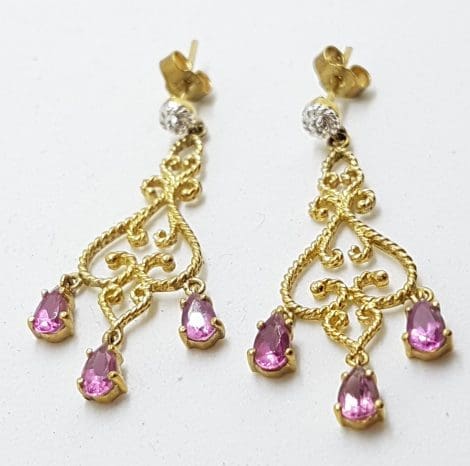 9ct Yellow Gold Ornate Pink Tourmaline & Diamond Long Drop Earrings