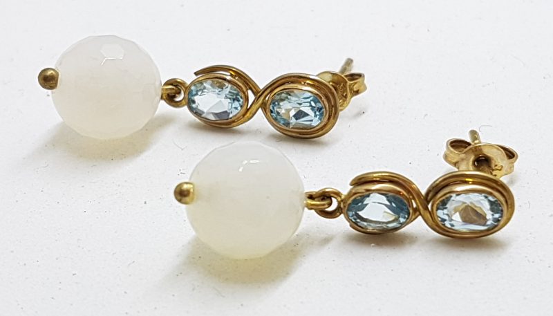 9ct Yellow Gold Topaz & White Agate Ball Drop Earrings - Handmade