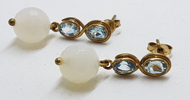 9ct Yellow Gold Topaz & White Agate Ball Drop Earrings - Handmade
