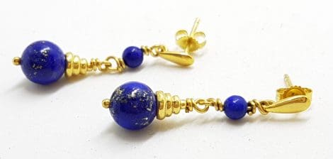 9ct Yellow Gold Lapis Lazuli Ball Long Drop Earrings